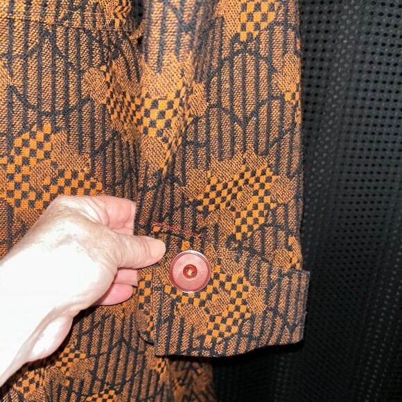 Vintage Mod 60's 70s Vibrant Upholstery Coat Black Orange Pockets Lined Belt EUC - Picture 7 of 11